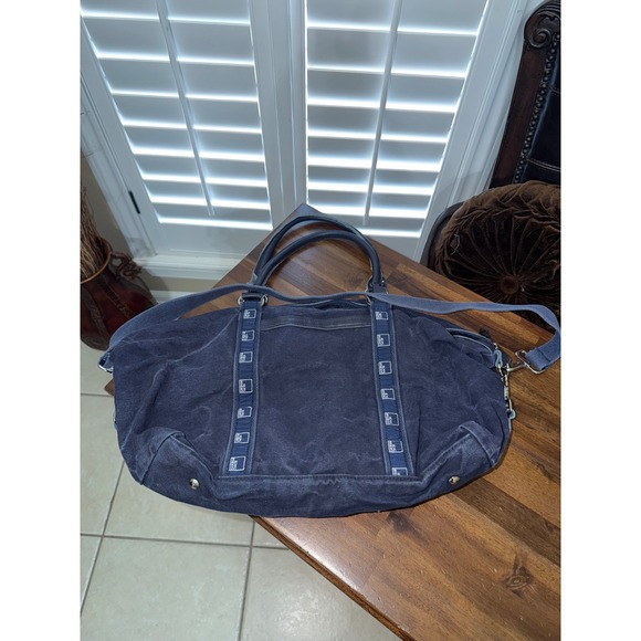Goldman Sachs Navy Blue Canvas Duffel Bag Leather Trim Travel Weekend Gym Bag